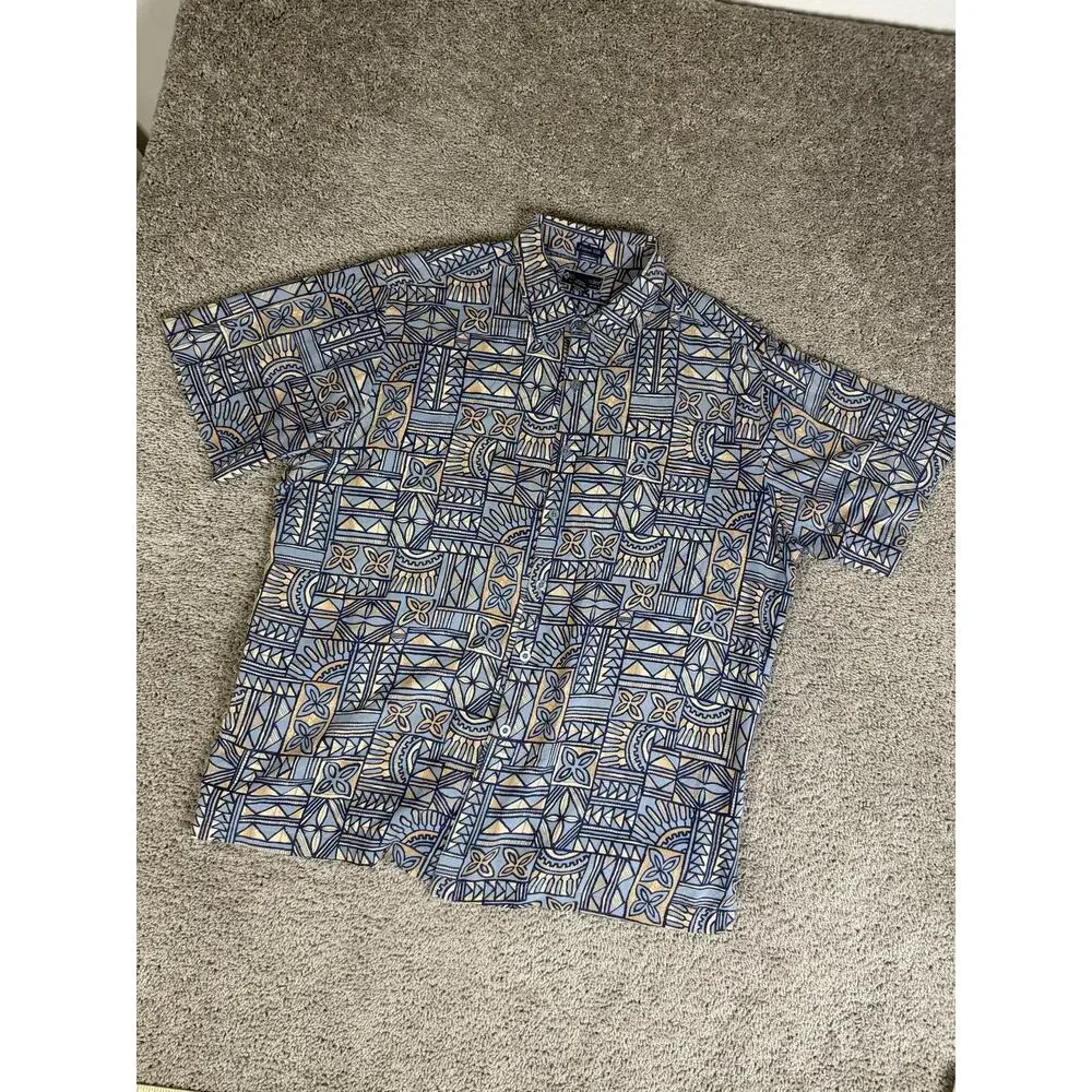 Weekender Shirt Mens 2XL Blue Geometric Short Sleeve Button Up Silk Cotton